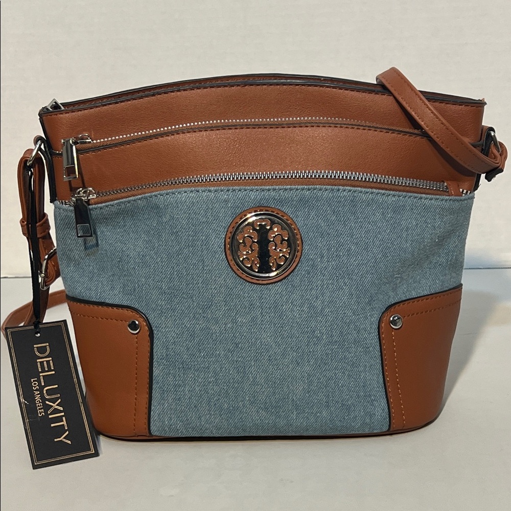 Deluxity Blue Denim and Brown Crossbody Bag - Designer Logo Accent